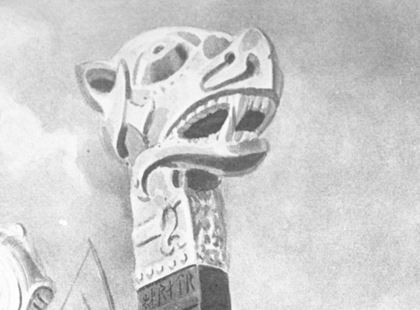 Detalj fra maleri-dyrehode på stavn Dyrehode på vikingskip