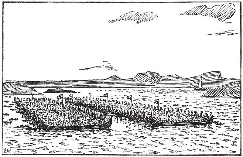 Harald_og_hans_motstandere_møtes_i_Hafsfjord Bilde av slaget i Hafrsfjord av Erik Werenskiold
