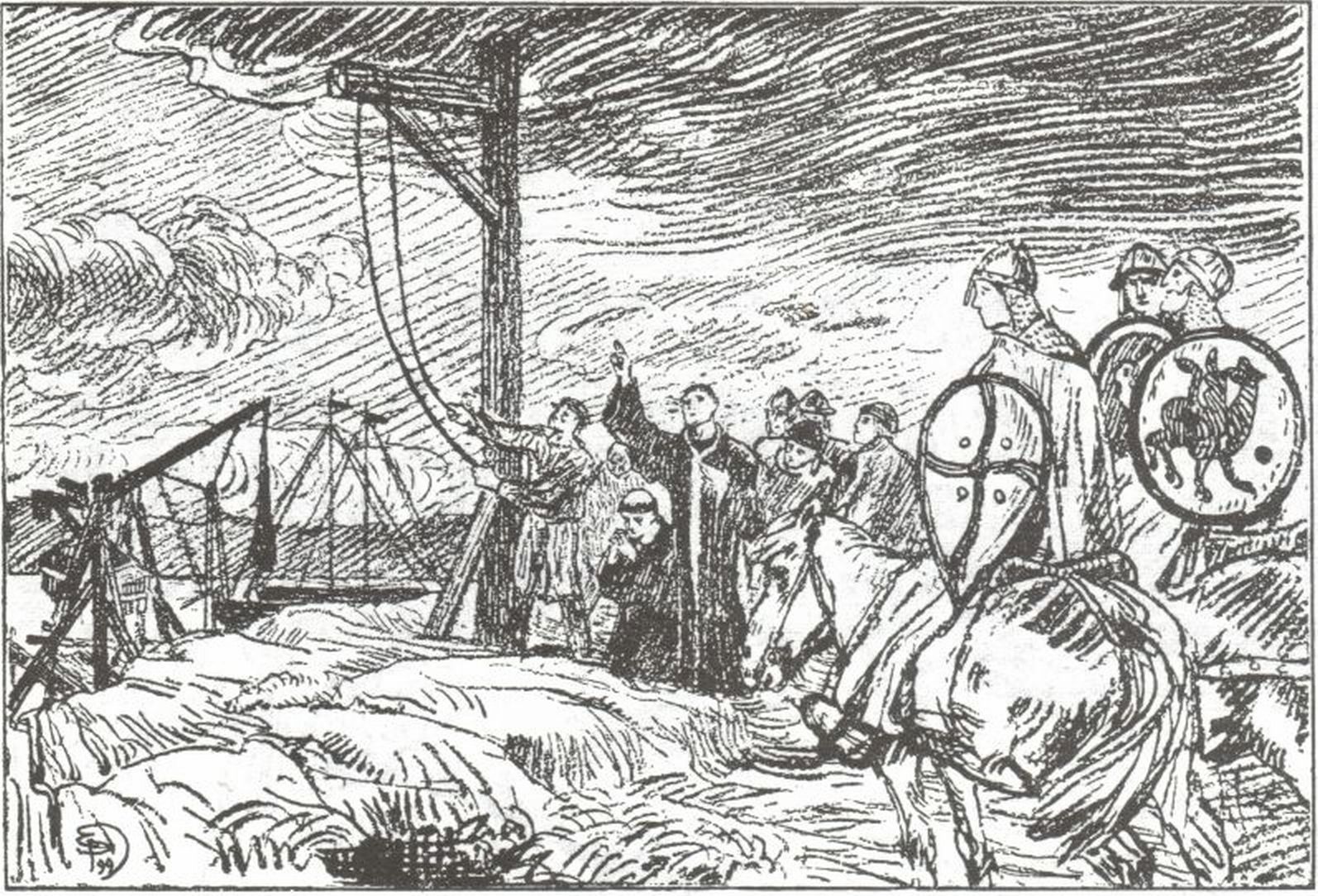 Magnus_Blindes_og_Harald_Gilles_saga-Biskop_Reinald_henges-E._Peterssen Illustrasjon av henrettelsen av biskop Reinald