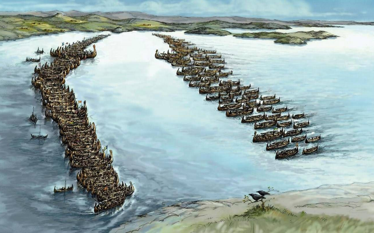 Slaget i Hafrsfjord Jens Flesjå 2_16z10 Illustrasjon av Slaget i Hafrsfjord av Jens Flesjå